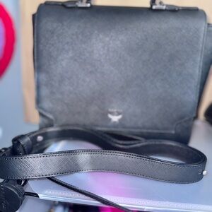 MCM Saffiano leather crossbody shoulder Tote bag with top handle silver hardware